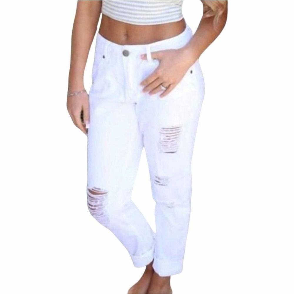 Elan‎ Boyfriend Denim Distressed White Ripped Jeans Size Small